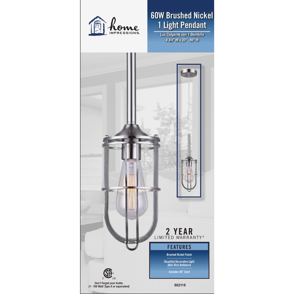 Home Impressions Indus 1-Bulb Brushed Nickel Incandescent Pendant Light Fixture