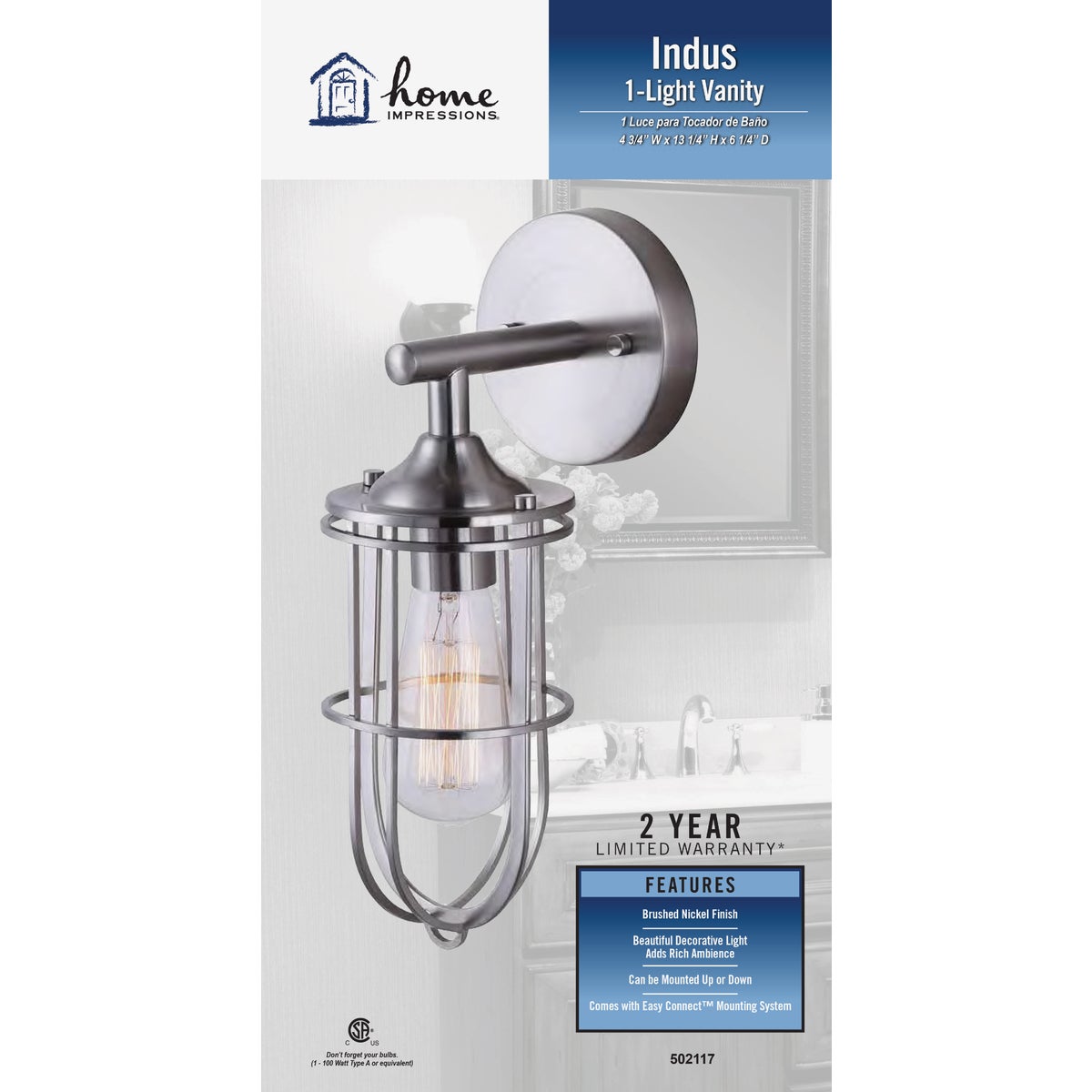 Home Impressions Indus 1-Bulb Brushed Nickel Wall Light Fixture