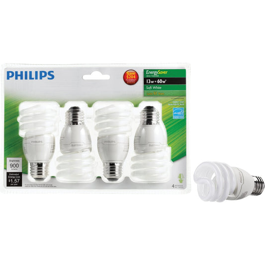 Philips Energy Saver 60W Equivalent Soft White Medium Base T2 Spiral CFL Light Bulb (4-Pack)