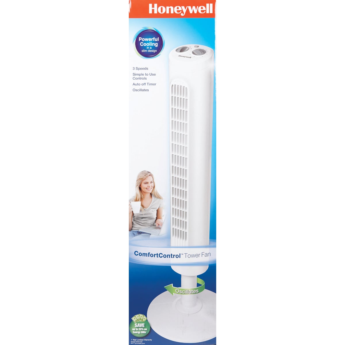 Honeywell Comfort Control 38 In. 3-Speed White Tower Fan