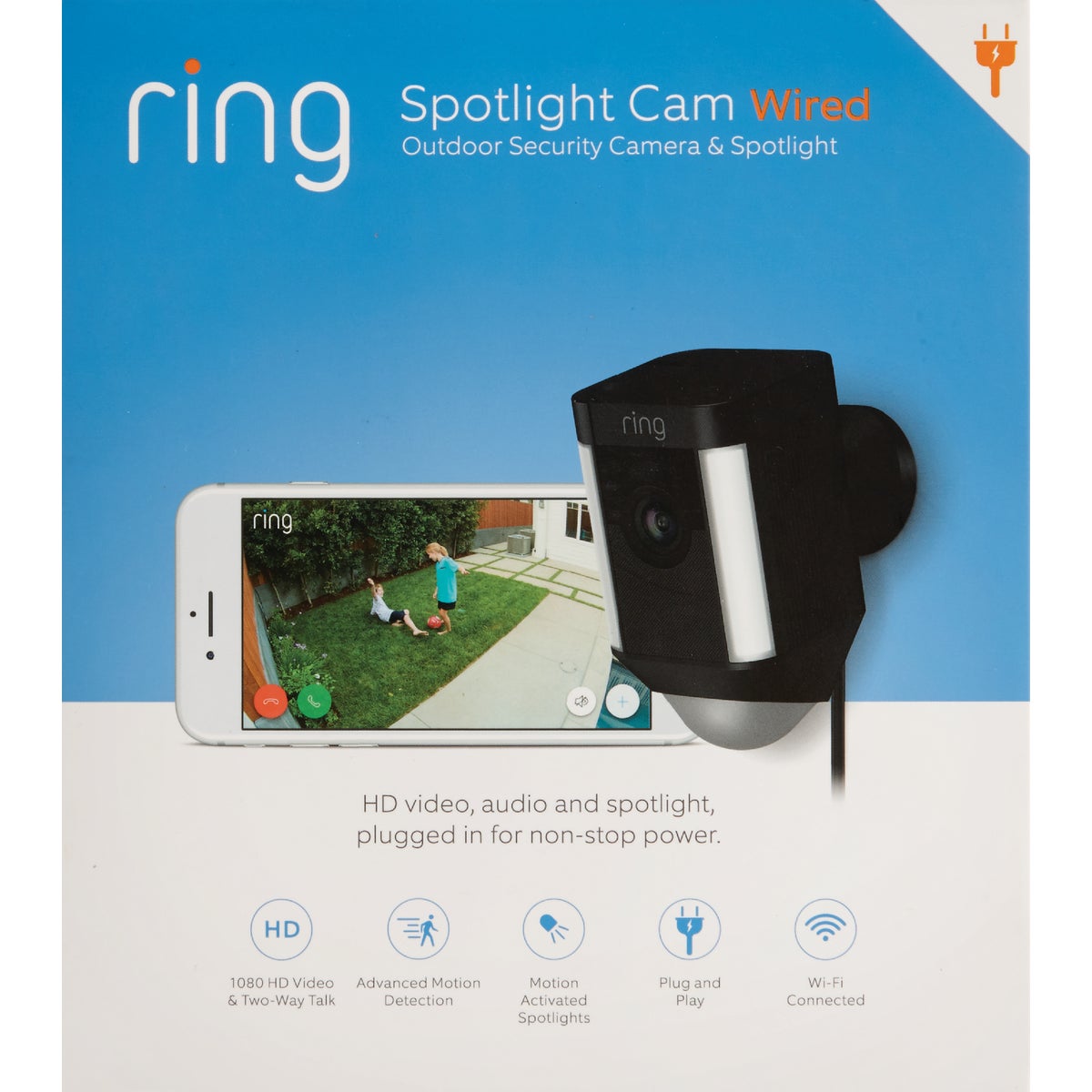 Ring Plug-In Indoor/Outdoor Black Security Camera with Spotlight