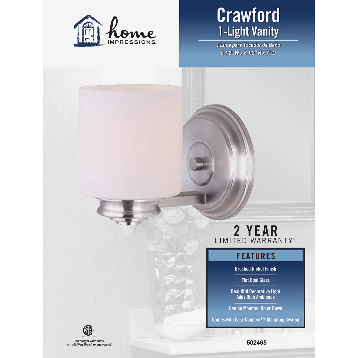 Home Impressions Crawford 1-Bulb Brushed Nickel Bronze Bath Light Bar