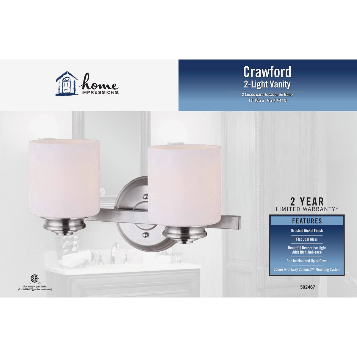 Home Impressions Crawford 2-Bulb Brushed Nickel Bronze Bath Light Bar