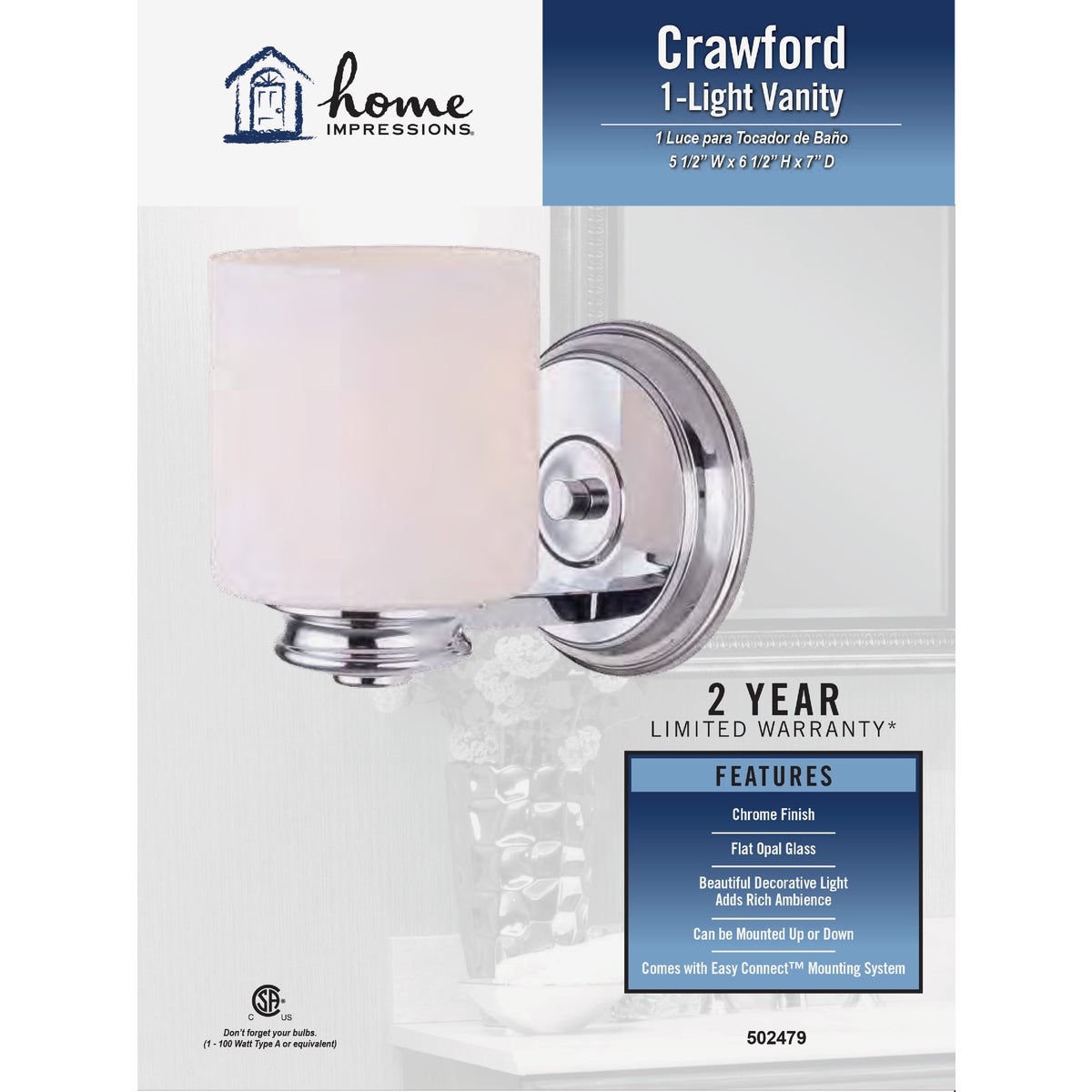 Home Impressions Crawford 1-Bulb Polished Chrome Bath Light Bar