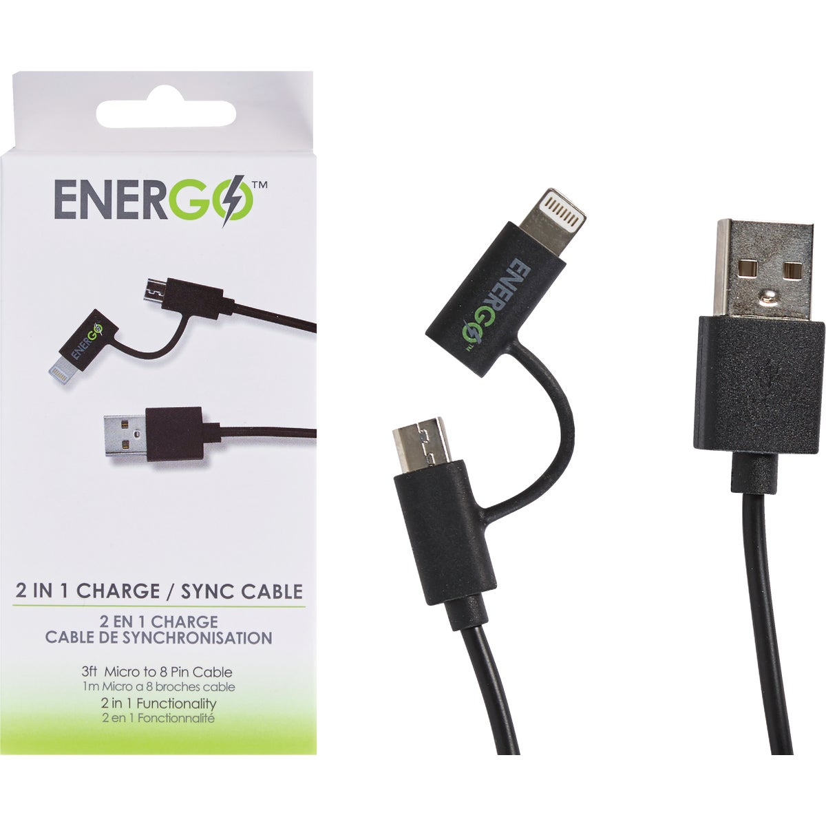 Energo 3 Ft. Black 2-In-1 USB Charging & Sync Cable