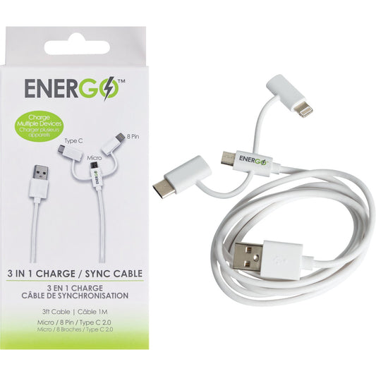 Energo 3 Ft. White 2-In-1 USB Charging & Sync Cable