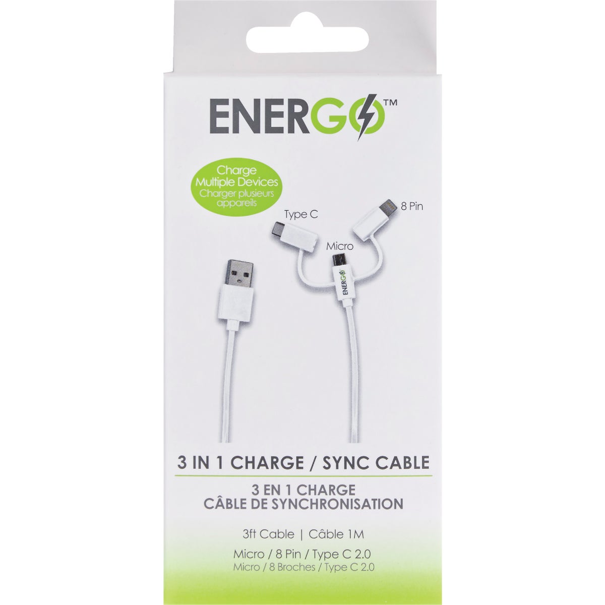 Energo 3 Ft. White 2-In-1 USB Charging & Sync Cable