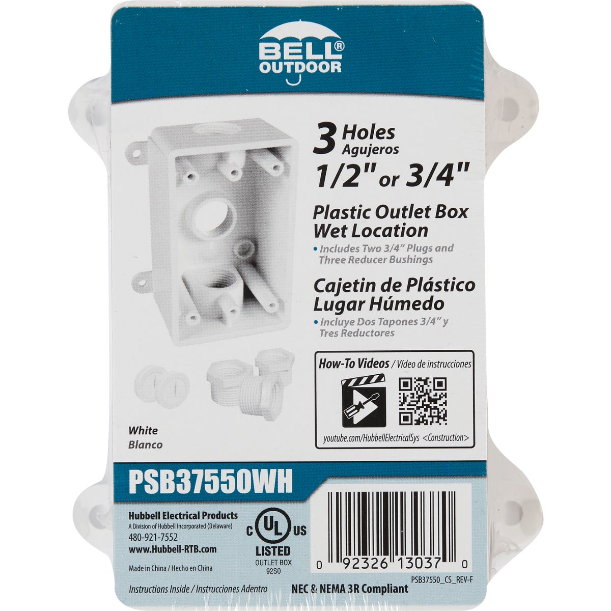 Bell Single Gang 1/2 In.,3/4 In. 3-Outlet White PVC Weatherproof Outdoor Outlet Box