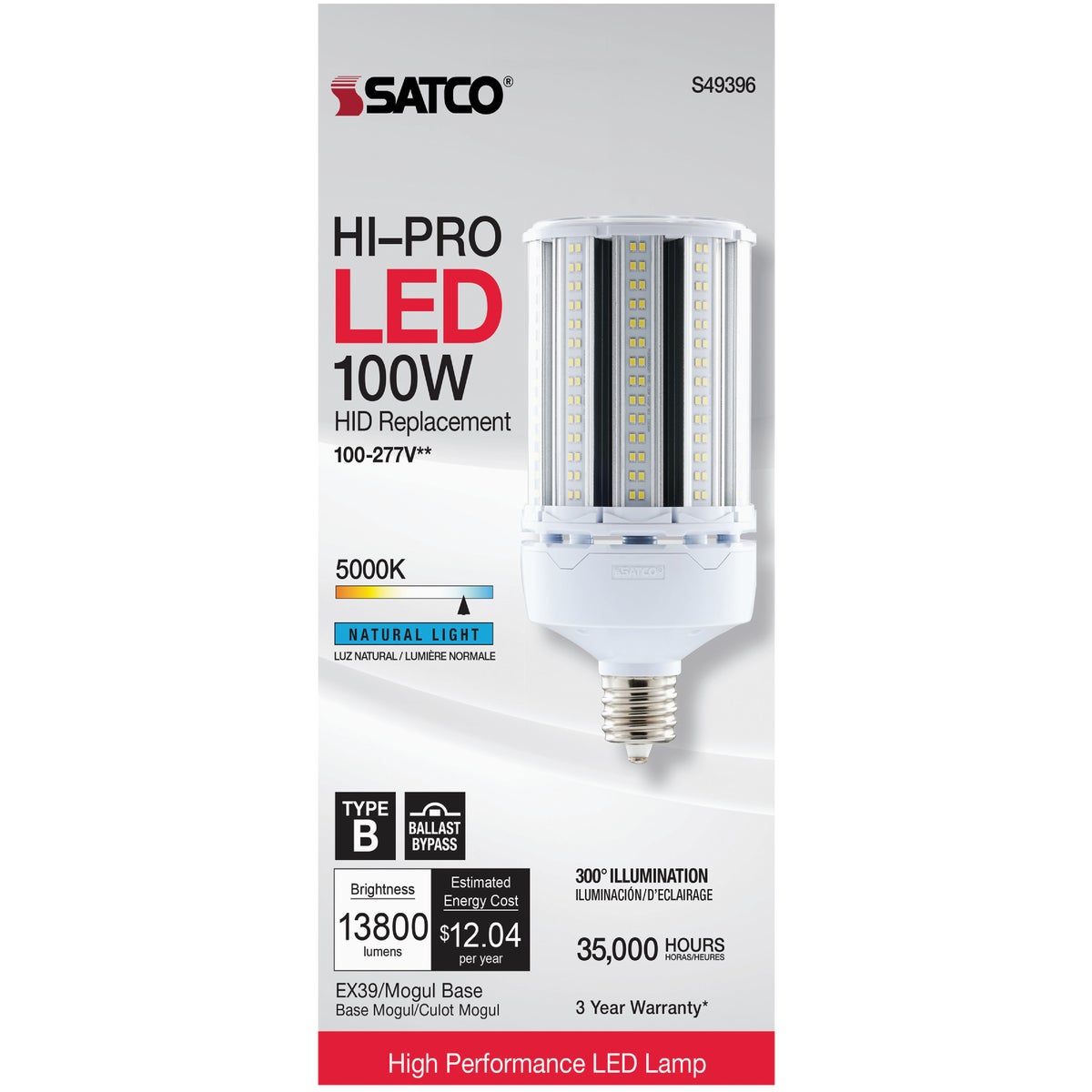 Satco Hi-Pro 100W Clear Corn Cob Mogul Extended Base LED High-Intensity Light Bulb w/Safety Chain