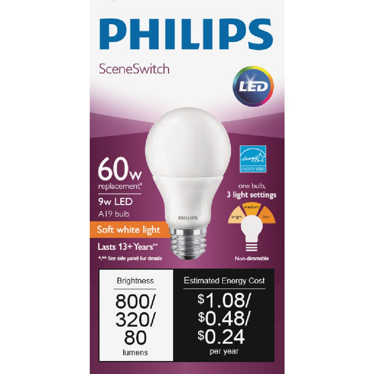 Philips SceneSwitch 60W Equivalent Soft White/Warm White/Warm Glow A19 Medium LED Light Bulb