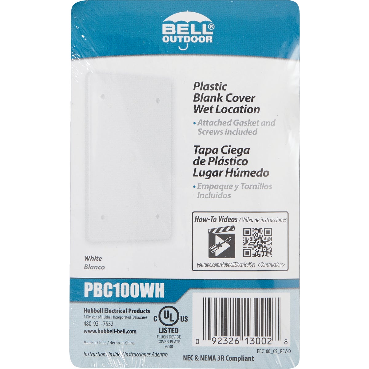 Bell Single Gang Blank Rectangular Polycarbonate White Weatherproof Outdoor Box Cover