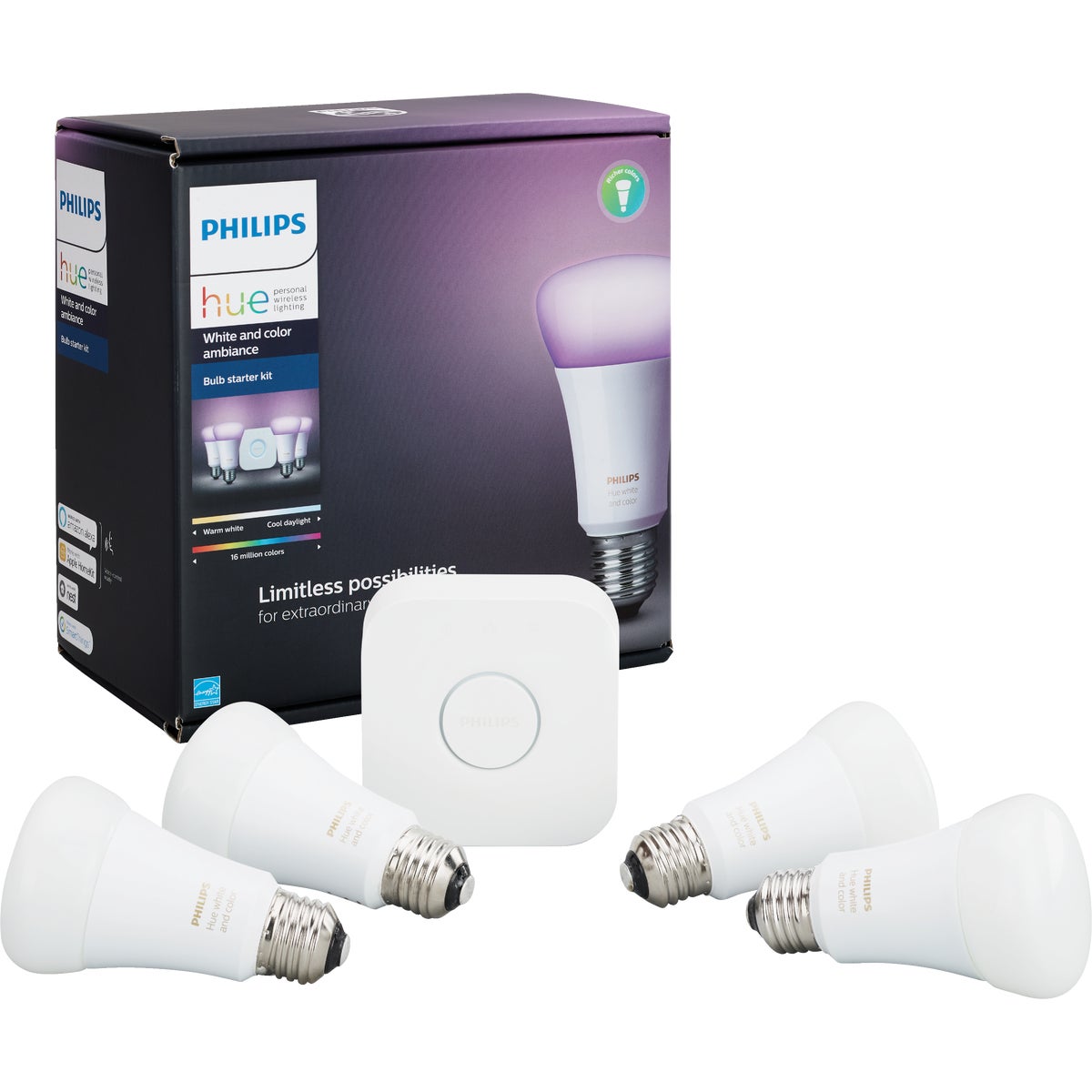 Philips Hue White & Color Ambiance 60W Equivalent Medium A19 LED Light Bulb Starter Kit (California Only)