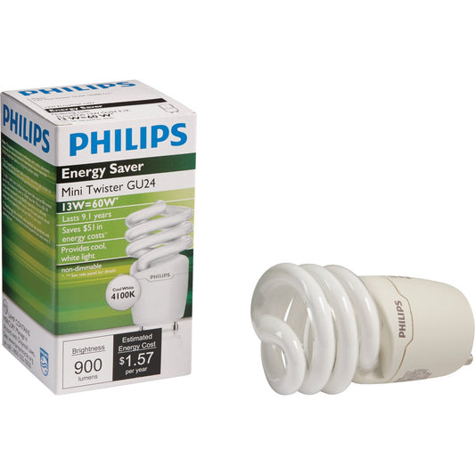 Philips Energy Saver 60W Equivalent Cool White GU24 Base Spiral CFL Light Bulb