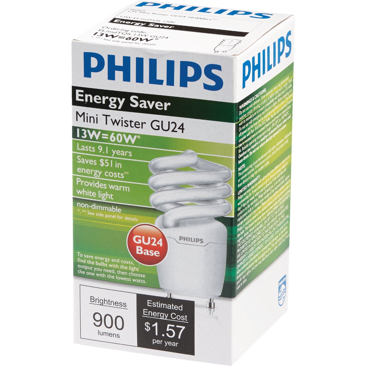 Philips Energy Saver 60W Equivalent Warm White GU24 Base Spiral CFL Light Bulb