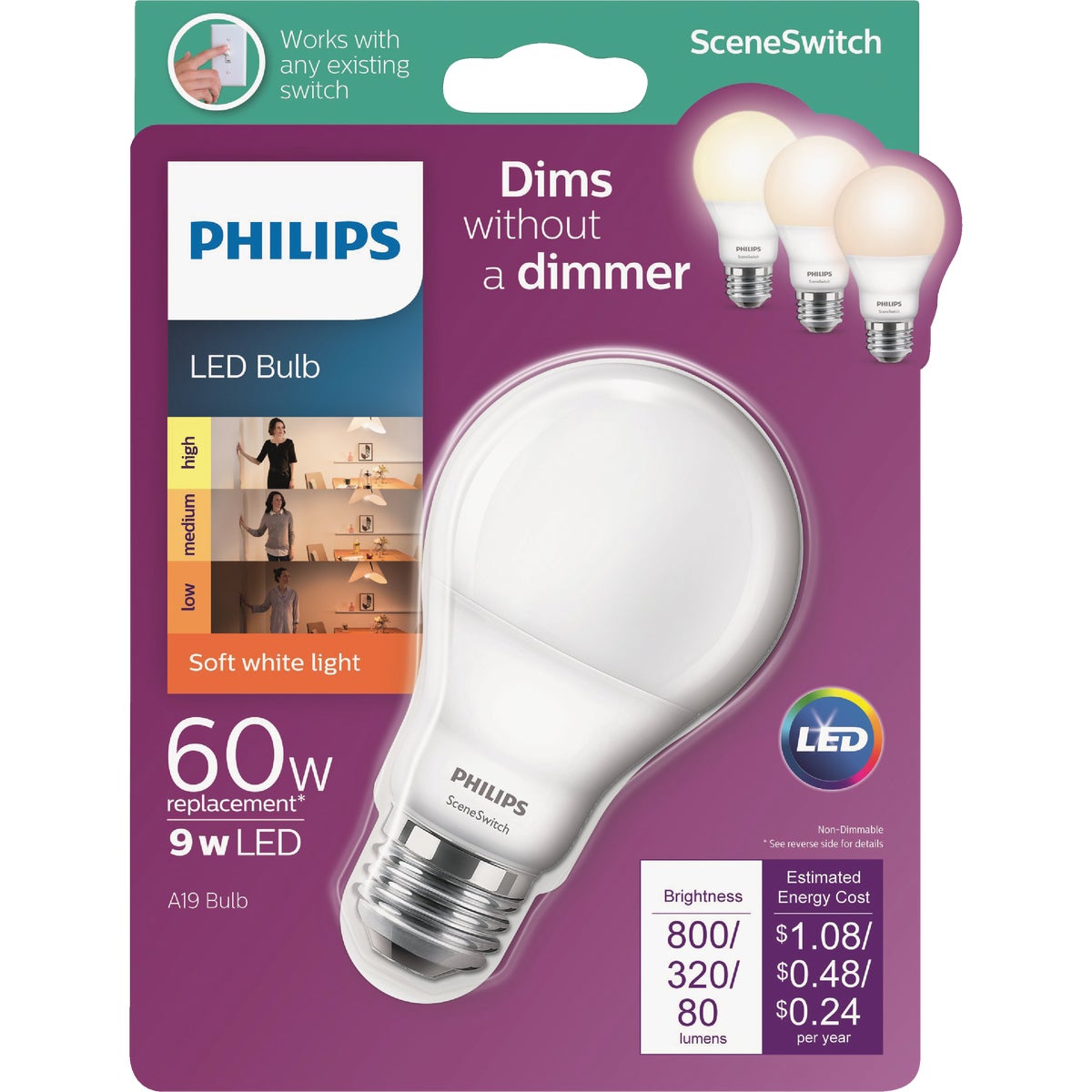 Philips SceneSwitch 60W Equivalent Soft White A19 Medium LED Light Bulb