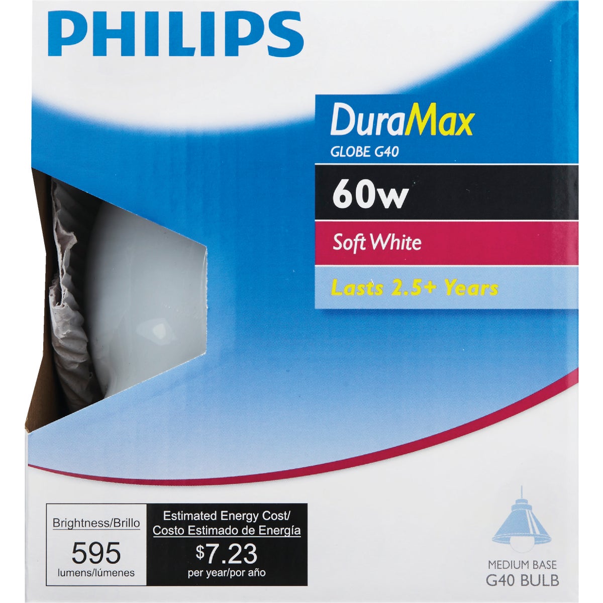 Philips DuraMax 60W Frosted Soft White Medium Base G40 Incandescent Globe Light Bulb