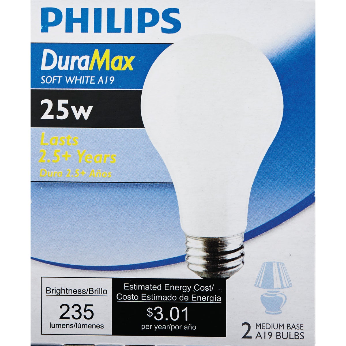 Philips Duramax 25W Frosted Soft White Medium Base A19 Incandescent Light Bulb (2-Pack)