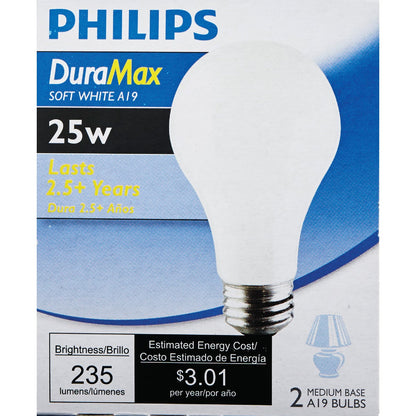 Philips Duramax 25W Frosted Soft White Medium Base A19 Incandescent Light Bulb (2-Pack)