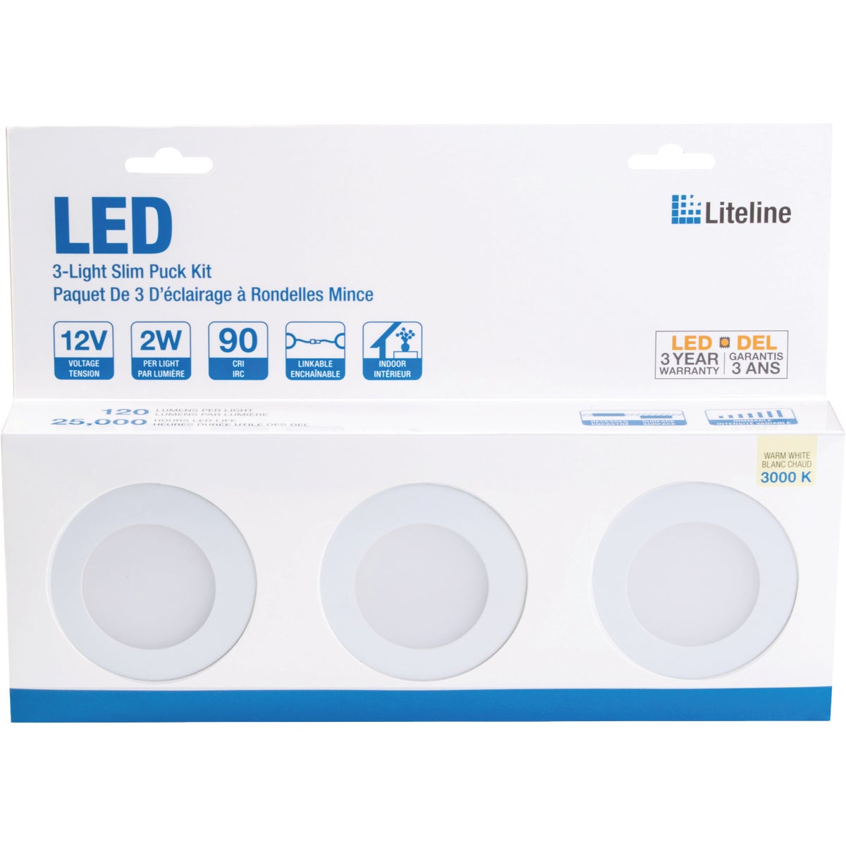 Liteline 3 In. Dia. X 1/4 In. Thick Plug-In White LED Under Cabinet Puck Light Kit (3-Pack)