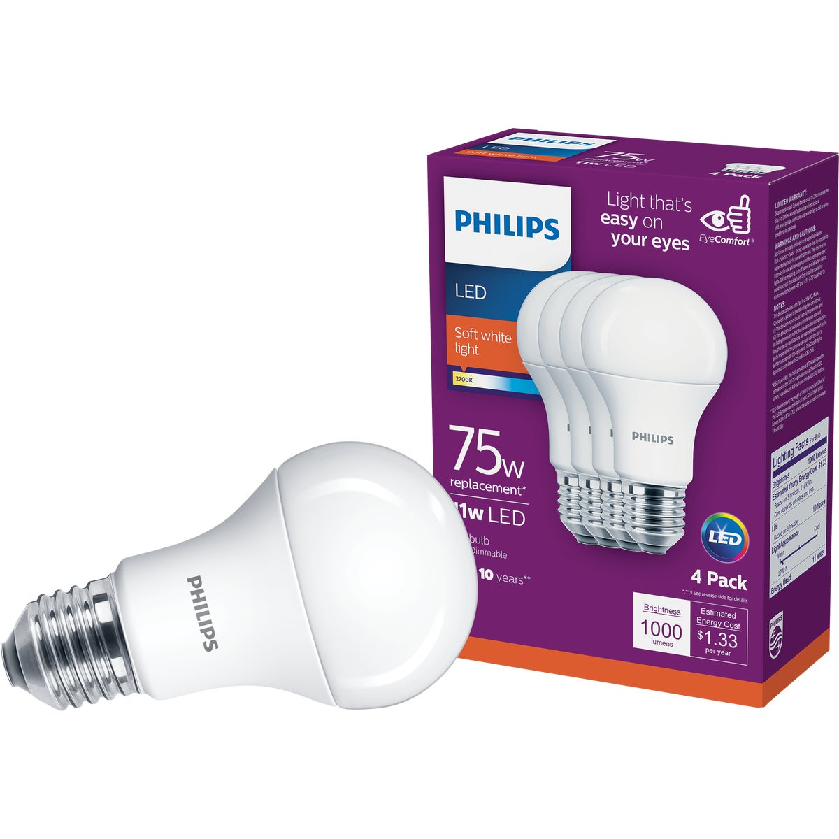 Philips EyeComfort 75W Equivalent Soft White A19 Medium LED Light Bulb (4-Pack)