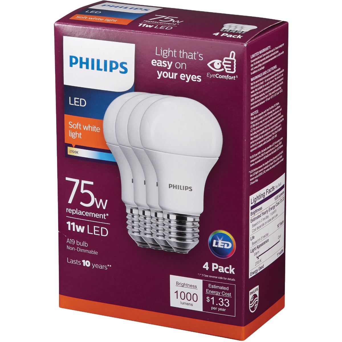 Philips EyeComfort 75W Equivalent Soft White A19 Medium LED Light Bulb (4-Pack)