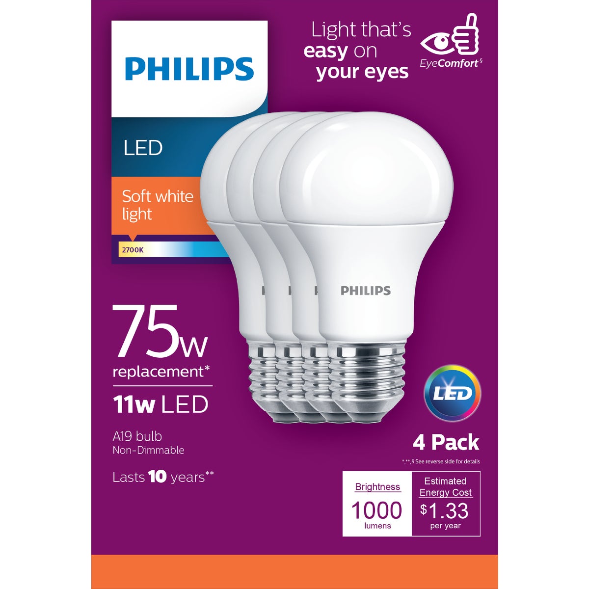 Philips EyeComfort 75W Equivalent Soft White A19 Medium LED Light Bulb (4-Pack)