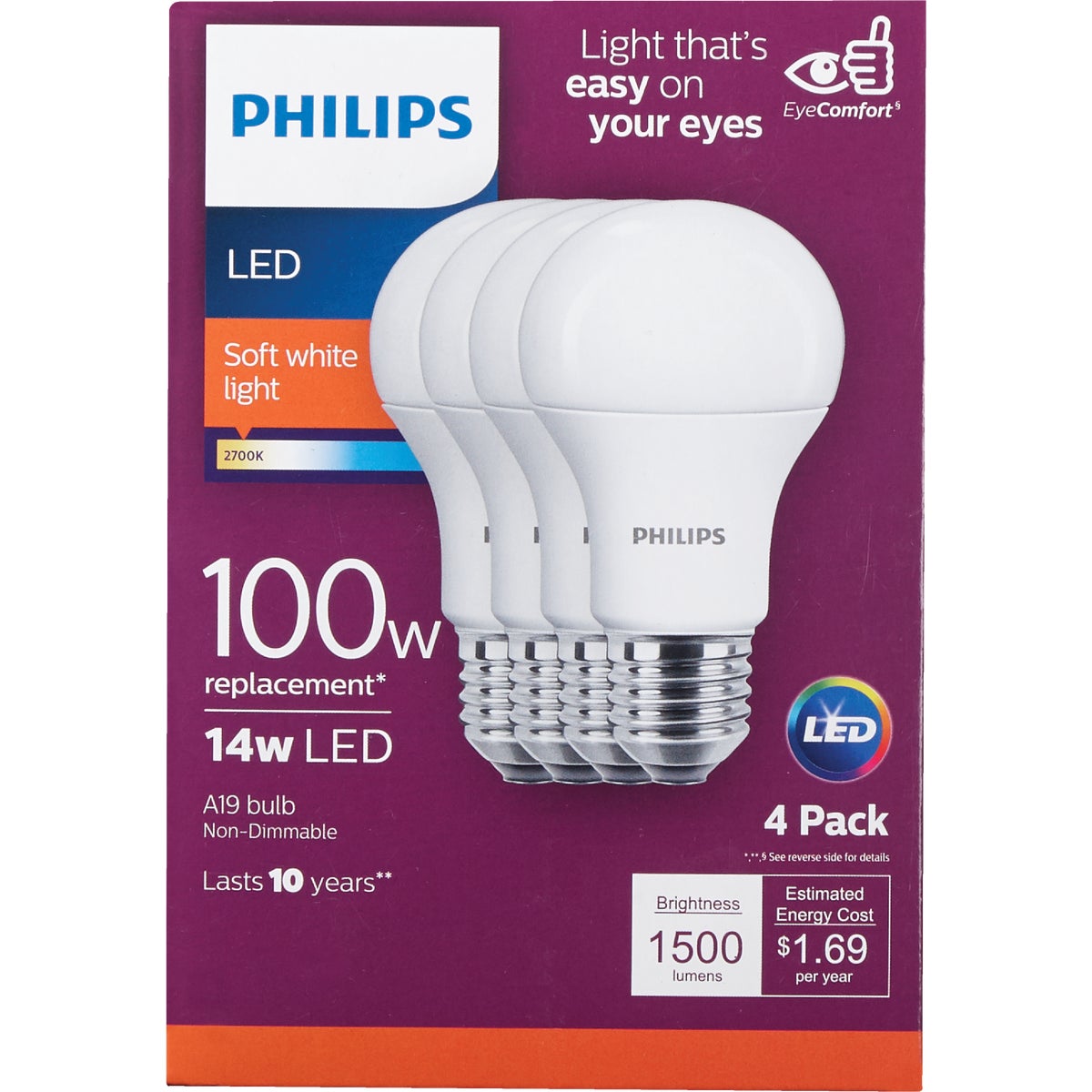 Philips EyeComfort 100W Equivalent Soft White A19 Medium LED Light Bulb (4-Pack)