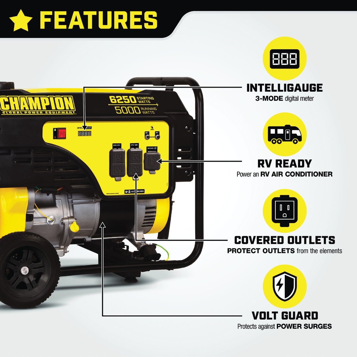 Champion 5000W Gasoline Powered Recoil Pull Start Portable Generator with Wheel Kit (California Compliant)