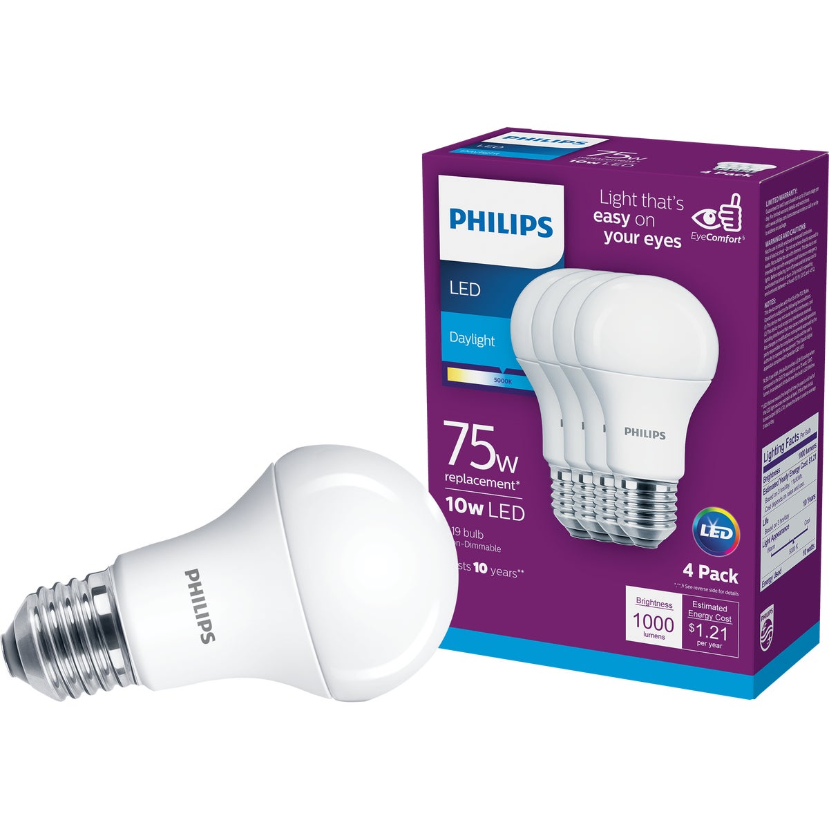 Philips EyeComfort 75W Equivalent Daylight A19 Medium LED Light Bulb (4-Pack)