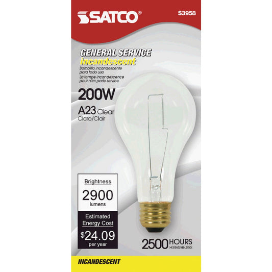 Satco 200W Clear Medium Base A23 Incandescent High Wattage Light Bulb