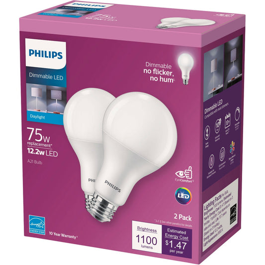 Philips 75W Equivalent Daylight A21 Medium Dimmable LED Light Bulb (2-Pack)