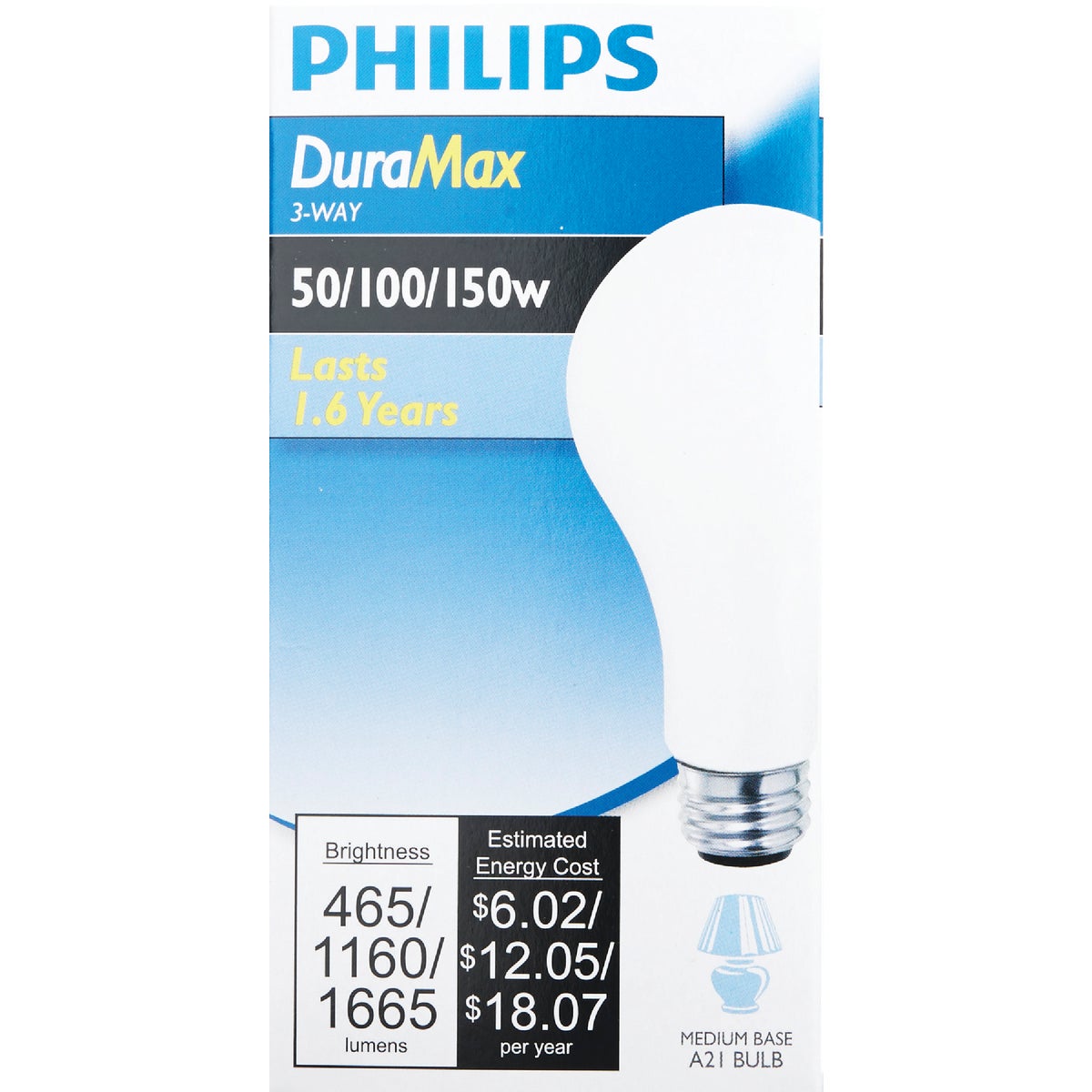 Philips Duramax 50/100/150W Frosted Soft White Medium Base A21 Incandescent 3-Way Light Bulb