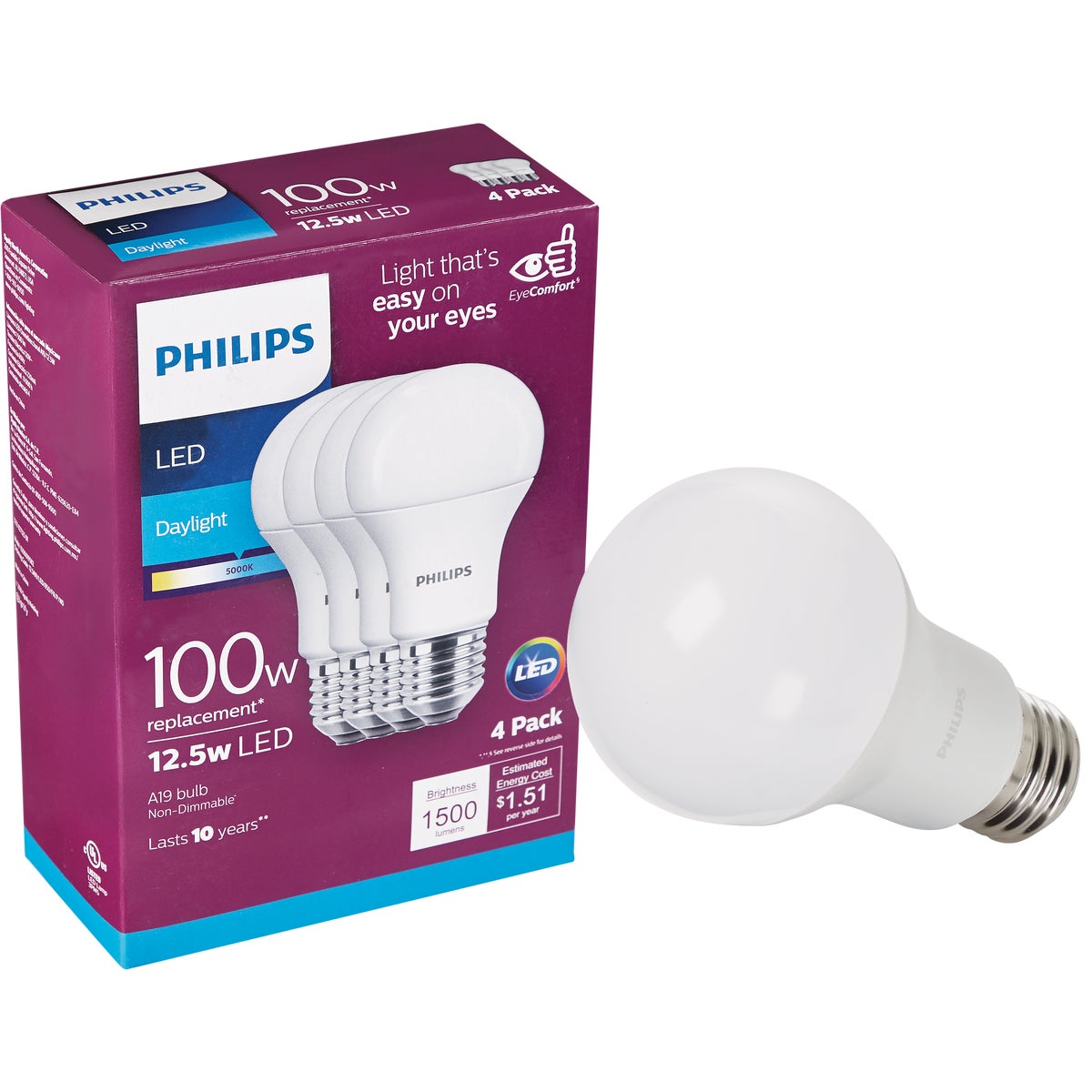 Philips EyeComfort 100W Equivalent Daylight A19 Medium LED Light Bulb (4-Pack)