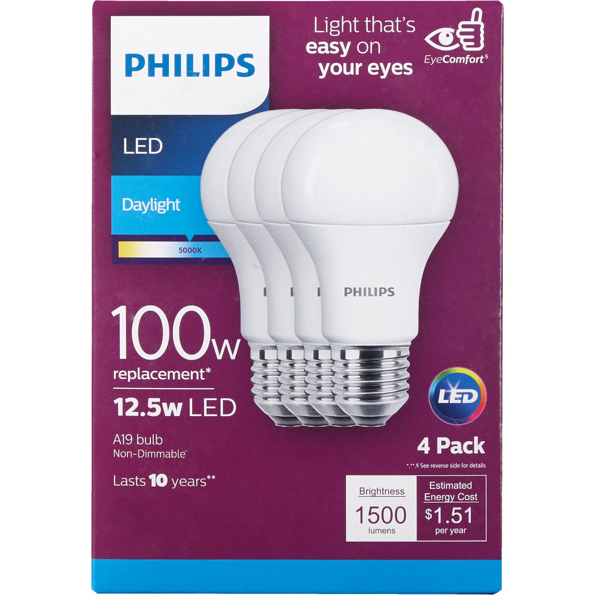 Philips EyeComfort 100W Equivalent Daylight A19 Medium LED Light Bulb (4-Pack)