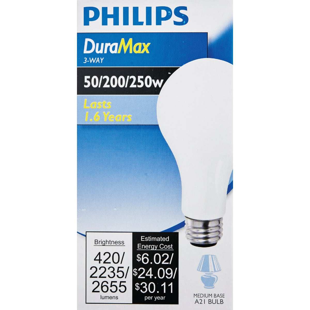 Philips Duramax 50/200/250W Frosted Soft White Medium Base A21 Incandescent 3-Way Light Bulb