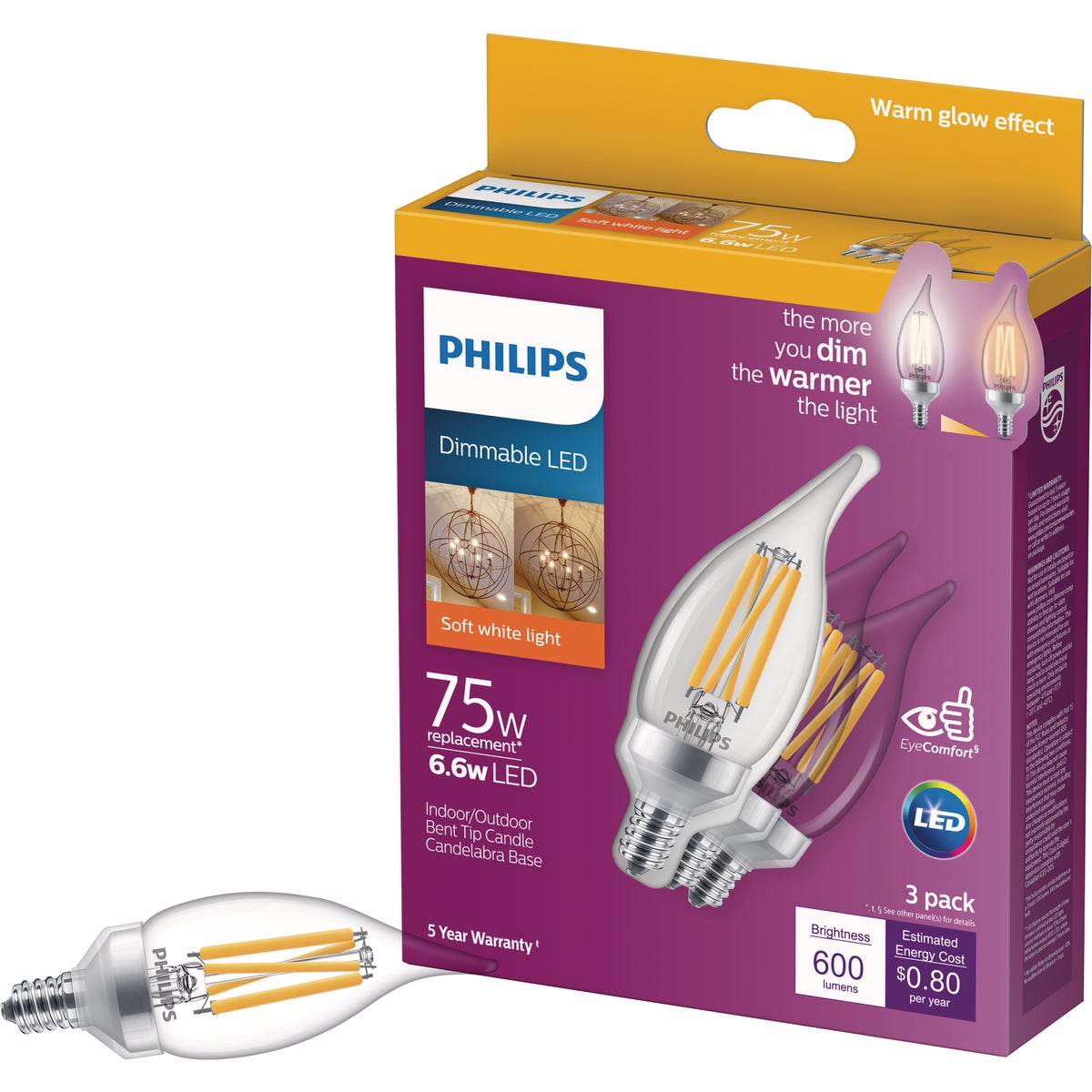 Philips Warm Glow 75W Equivalent Soft White BA11 Candelabra Dimmable LED Light Bulb (3-Pack)