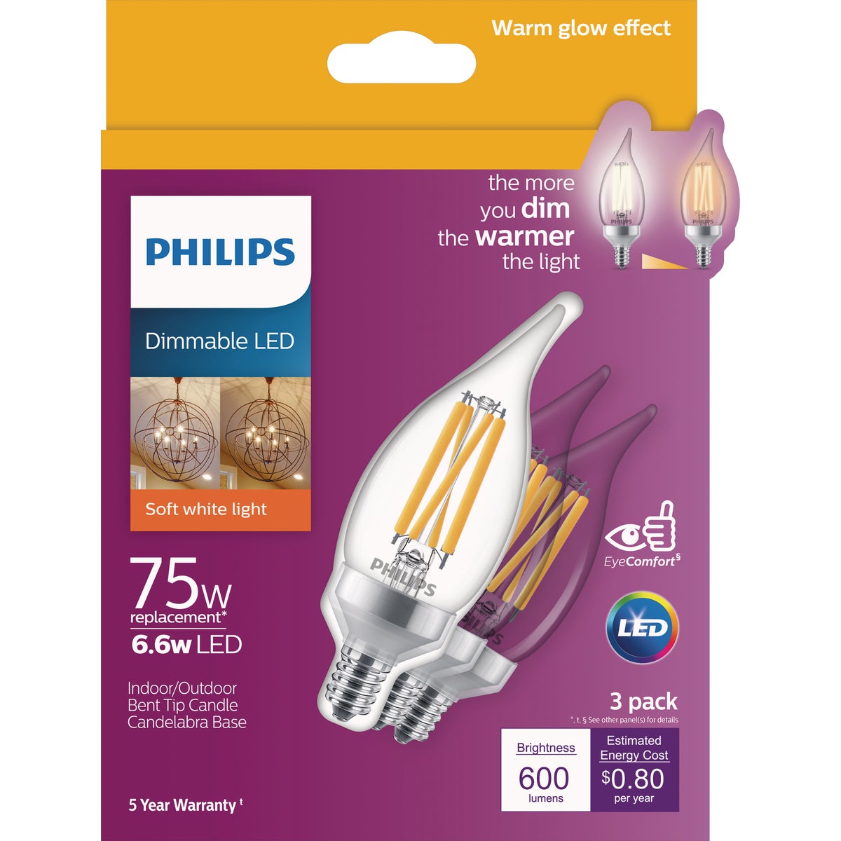 Philips Warm Glow 75W Equivalent Soft White BA11 Candelabra Dimmable LED Light Bulb (3-Pack)