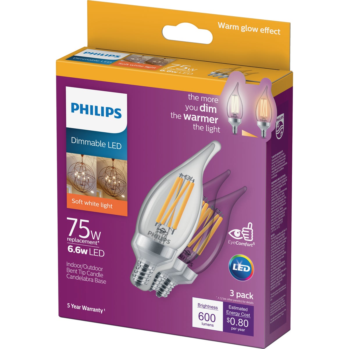 Philips Warm Glow 75W Equivalent Soft White BA11 Candelabra Dimmable LED Light Bulb (3-Pack)