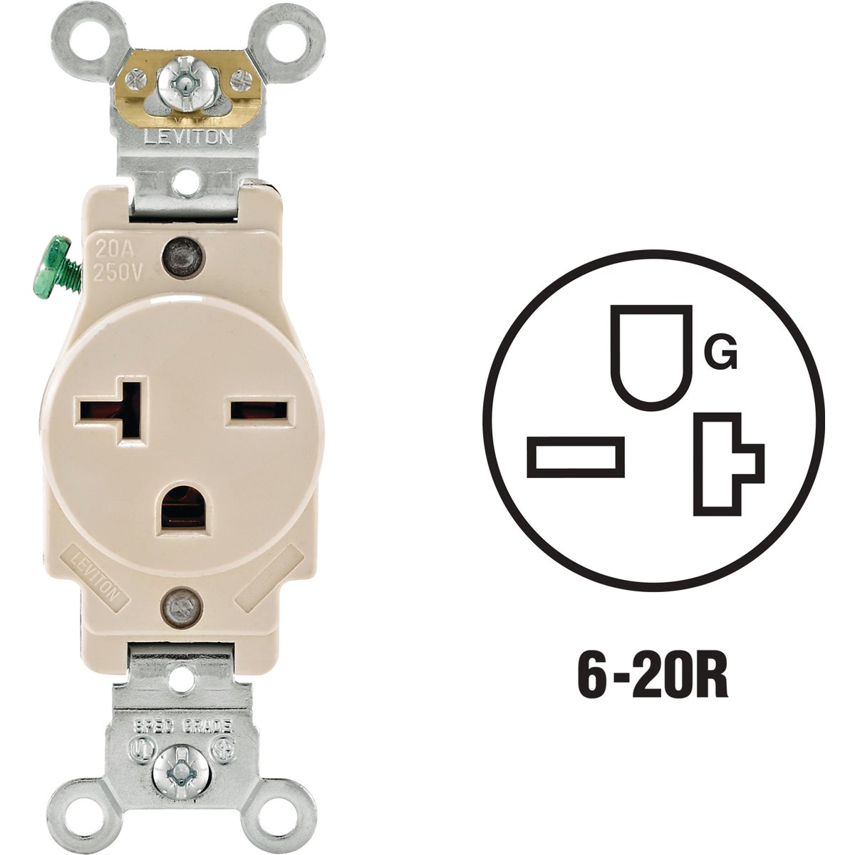 Leviton 20A Light Almond Heavy-Duty 6-20R Grounding Single Outlet