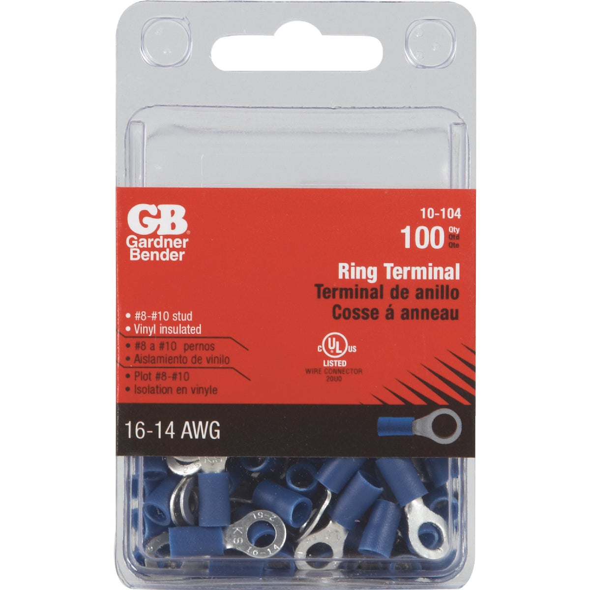 Gardner Bender 16 to 14 AWG #8 to #10 Stud Size Blue Vinyl-Insulated Barrel Ring Terminal (100-Pack)