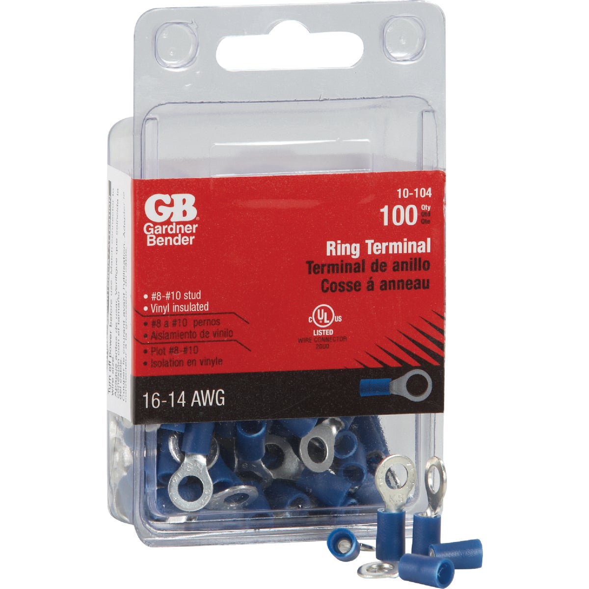 Gardner Bender 16 to 14 AWG #8 to #10 Stud Size Blue Vinyl-Insulated Barrel Ring Terminal (100-Pack)