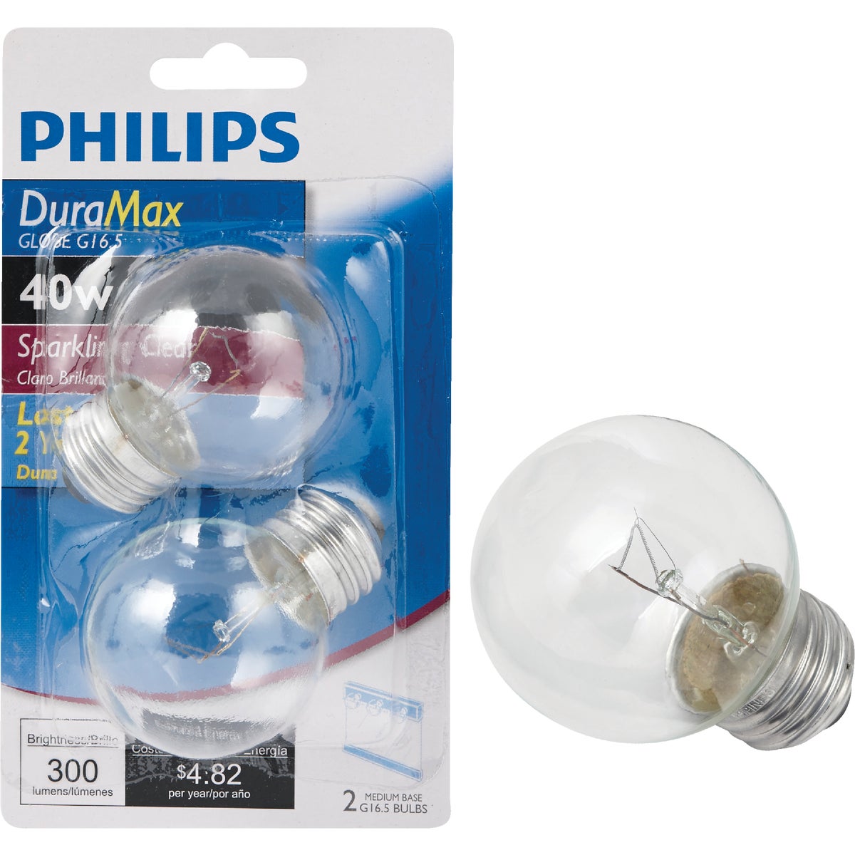 Philips DuraMax 40W Clear Medium G16.5 Incandescent Globe Light Bulb (2-Pack)