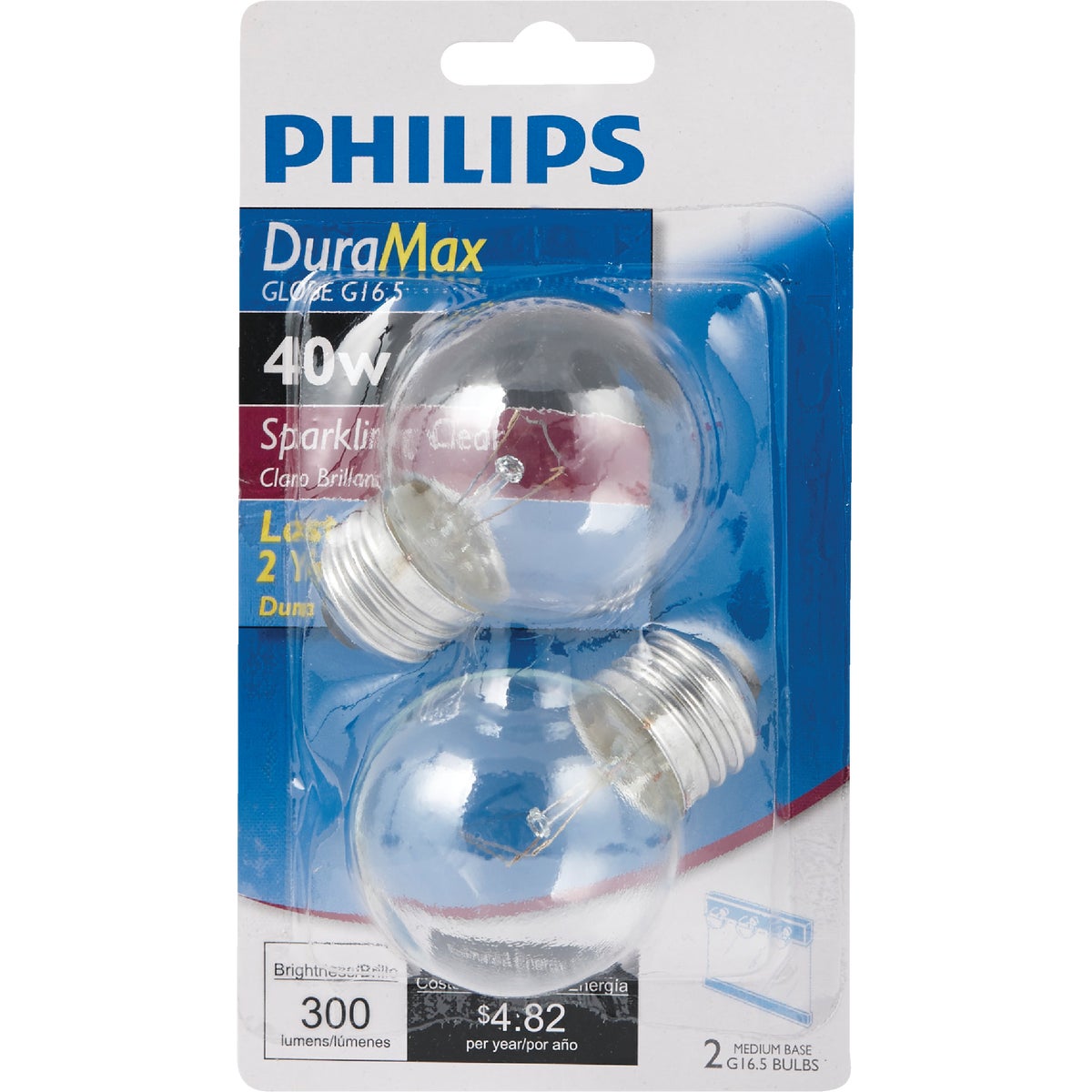 Philips DuraMax 40W Clear Medium G16.5 Incandescent Globe Light Bulb (2-Pack)