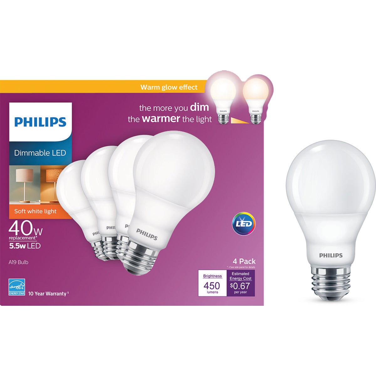 Philips Warm Glow 40W Equivalent Soft White A19 Medium Dimmable LED Light Bulb (4-Pack)