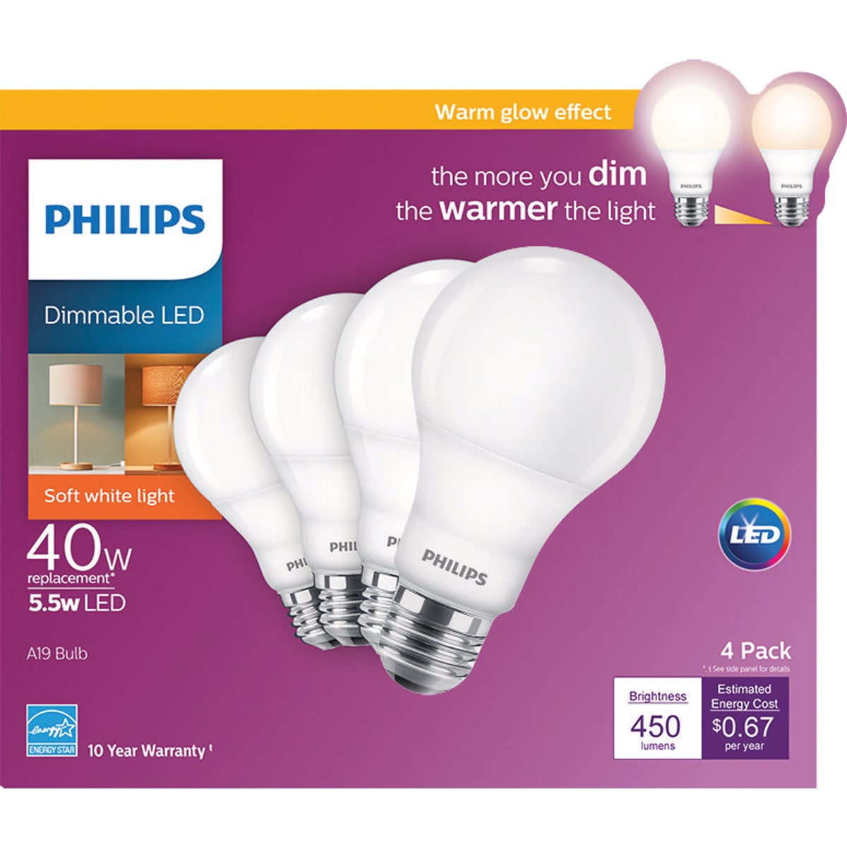 Philips Warm Glow 40W Equivalent Soft White A19 Medium Dimmable LED Light Bulb (4-Pack)