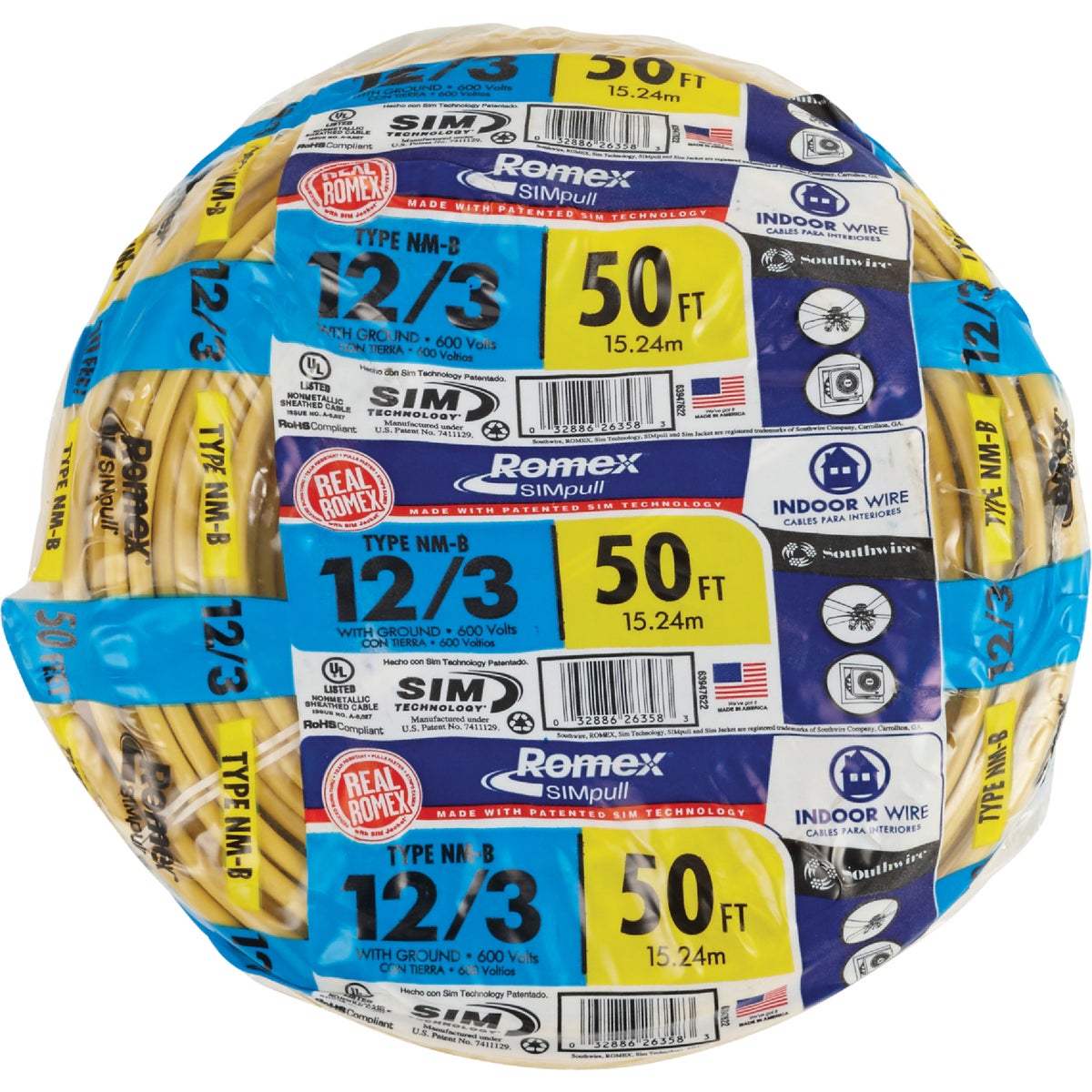 Romex 50 Ft. 12-3 Solid Yellow NMW/G Electrical Wire