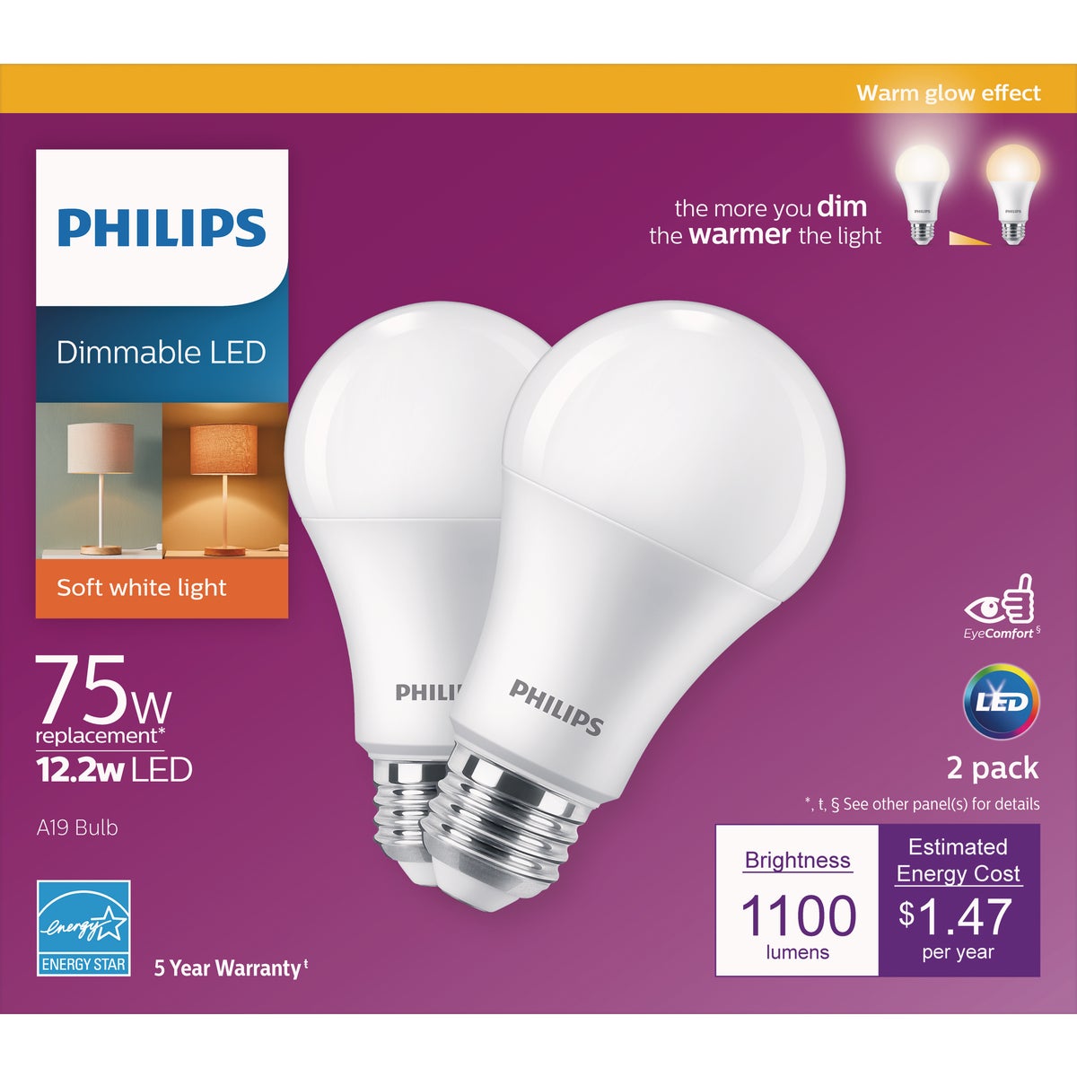 Philips 75W Equivalent Soft White A19 Medium Dimmable LED Light Bulb (2-Pack)