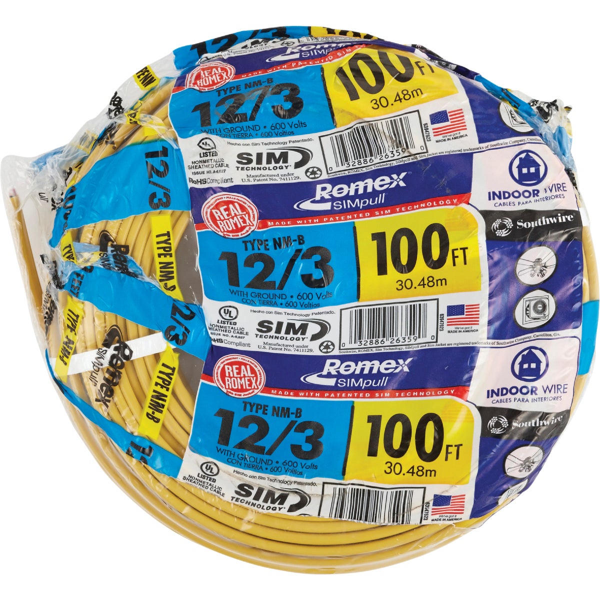 Romex 100 Ft. 12-3 Solid Yellow NMW/G Electrical Wire