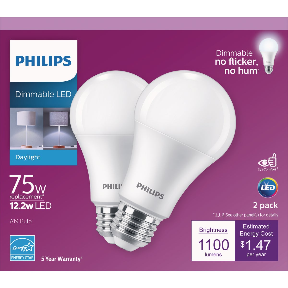 Philips 75W Equivalent Daylight A19 Medium Dimmable LED Light Bulb (2-Pack)