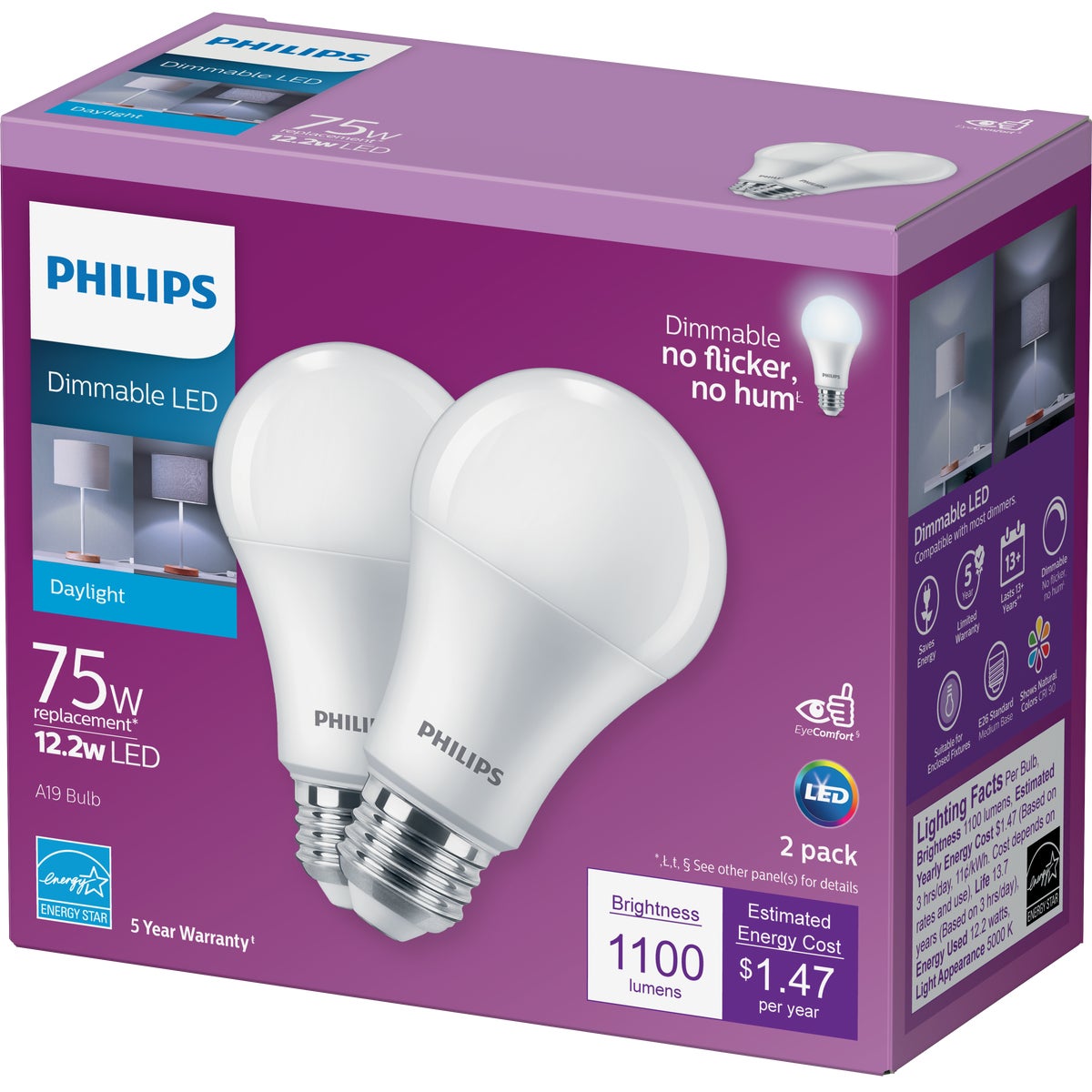 Philips 75W Equivalent Daylight A19 Medium Dimmable LED Light Bulb (2-Pack)